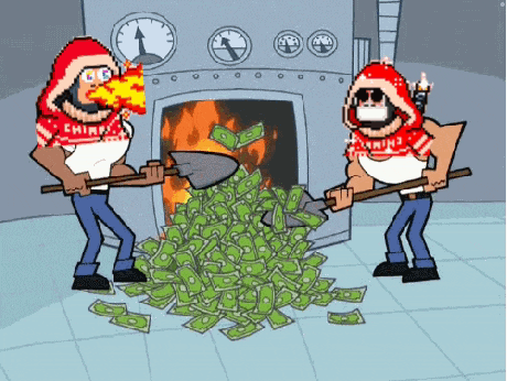 a cartoon of two men shoveling money into a fireplace that says ' shiny ' on it