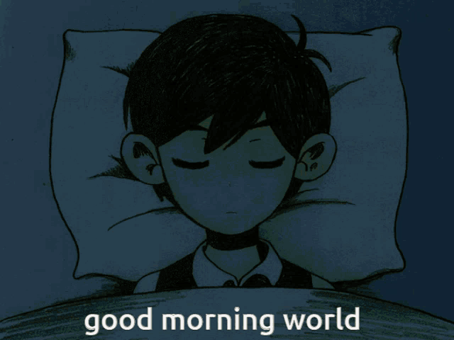 a black and white drawing of a boy sleeping with the words good morning world below him