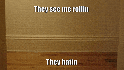 a cat is sitting in a box on a skateboard with the words they see me rollin they hatin
