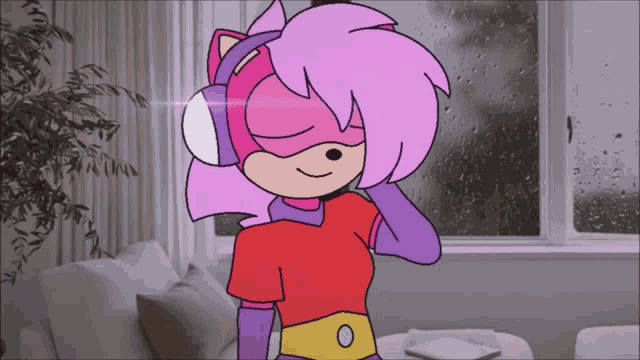 a cartoon character with pink hair wearing headphones