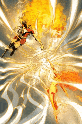 a comic book illustration of a female superhero and a female fire superhero
