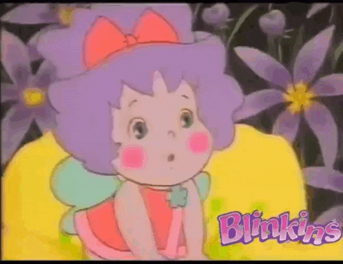 a little girl with purple hair is sitting on a yellow pillow with flowers in the background and the word blinkins on the bottom right