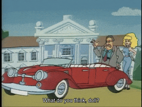 a cartoon of a man standing next to a red car with the words " what do you think doll " on the bottom