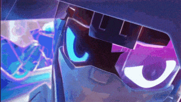a close up of a robot 's face with purple and blue lights coming out of it 's eyes .