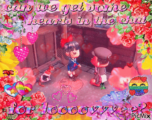 a picture of a girl and a boy with the words can we get some hearts in the chat on top