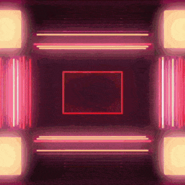 a red square is in the middle of a room with neon lights