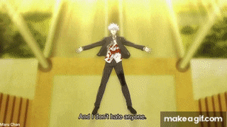 a man in a suit says " and i don 't hate anyone " while standing on a stage