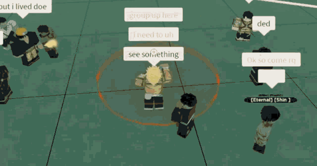 a group of people are playing a video game and one of them has a speech bubble that says " group up here "
