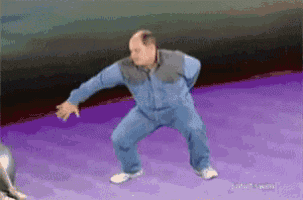 a bald man in a blue jacket is dancing in front of a purple background that says adult swim on it