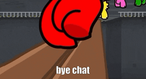 a red cartoon character is standing on a wooden floor with the words `` bye chat '' written on the bottom .