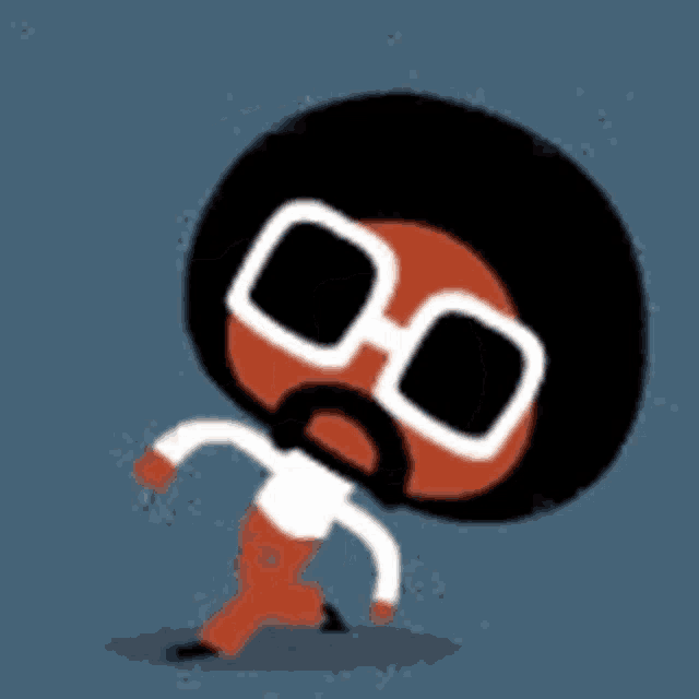 a cartoon character with glasses and a beard is walking on a blue surface .