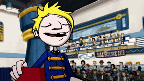 a cartoon character stands in front of a final science fair banner