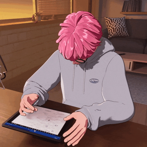 a drawing of a person with pink hair and a hoodie that says ' snl ' on it