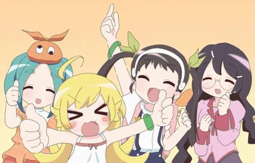 a group of anime girls are giving each other thumbs up