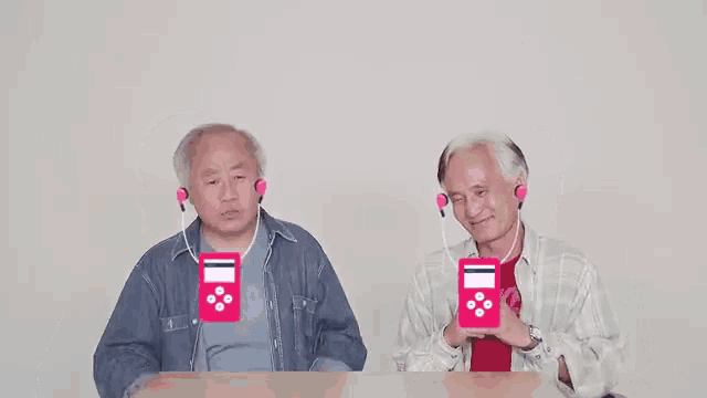 two elderly men wearing headphones and holding music players with the words listen to good music written below them