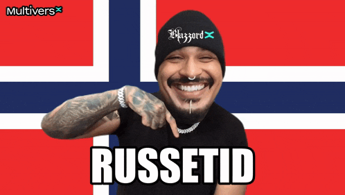 a man wearing a beanie with the word blizzard on it points to the camera