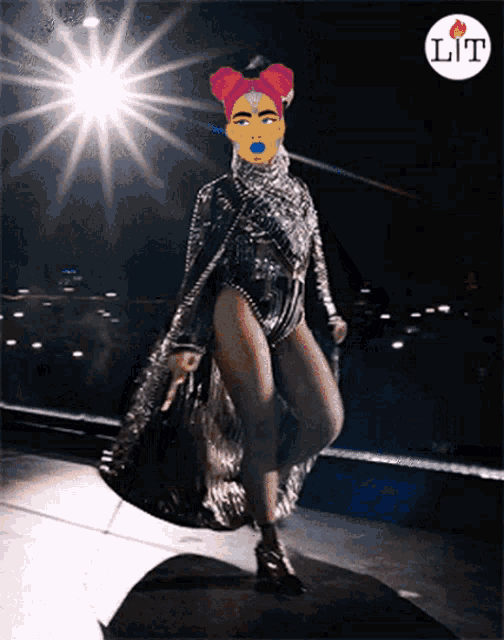 a cartoon of a woman with a lit logo in the background