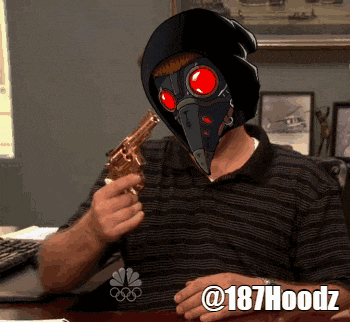 a man in a plague doctor mask holds a gun