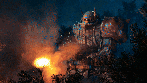 a giant robot is surrounded by trees and smoke with a fire coming out of it 's mouth