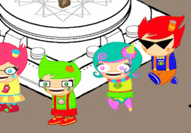 a group of cartoon characters are standing next to each other and smiling