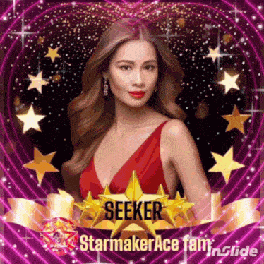 a woman in a red dress is surrounded by stars and the name seeker