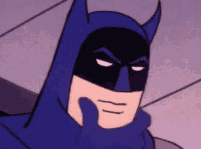 a close up of a cartoon batman thinking with his hand on his chin