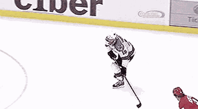 a hockey game is being played in front of a banner that says farm