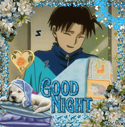a picture of a man sleeping next to a puppy with the words good night written on it