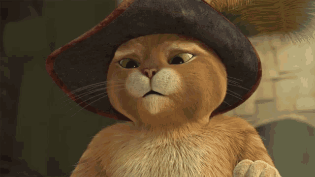 a cartoon cat wearing a hat with a feather