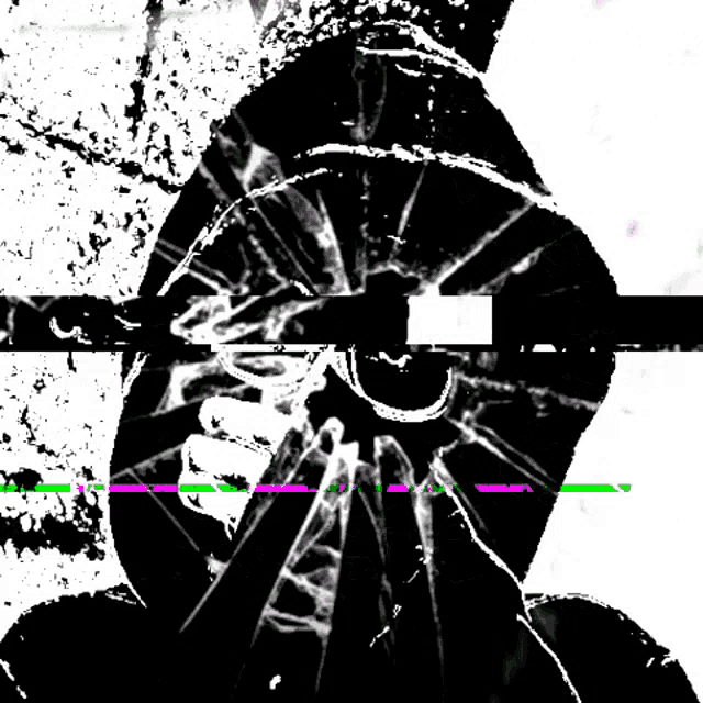 a black and white drawing of a person with a broken screen in the background