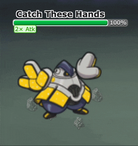 a cartoon character with a green bar that says catch these hands on it