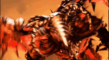 a close up of a red and black monster with a sword