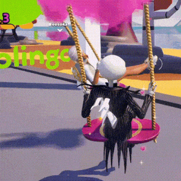 a skeleton is sitting on a swing in a video game with the number 3 visible