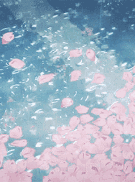 a bunch of pink petals are falling into a body of water