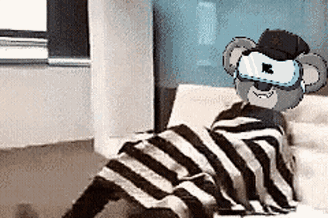 a cartoon koala wearing a virtual reality headset is laying on a bed