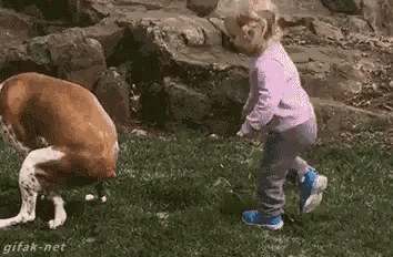 a little girl is standing next to a dog that is standing on its hind legs .