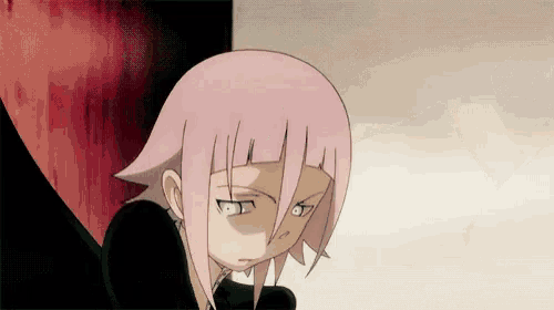a cartoon character with pink hair and white eyes looks angry