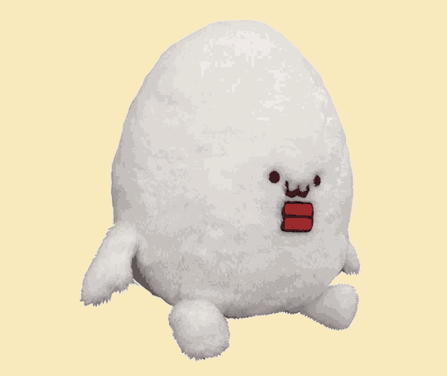 a white stuffed animal with a tail is sitting on a yellow background