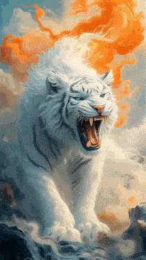 a white tiger with blue eyes is roaring with its mouth open .