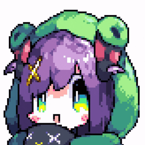 a pixel art drawing of a girl with purple hair and green ears