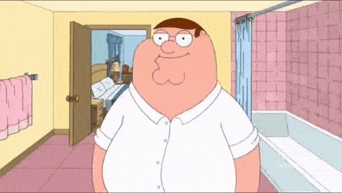 peter griffin from family guy is standing in a bathroom with a bathtub .