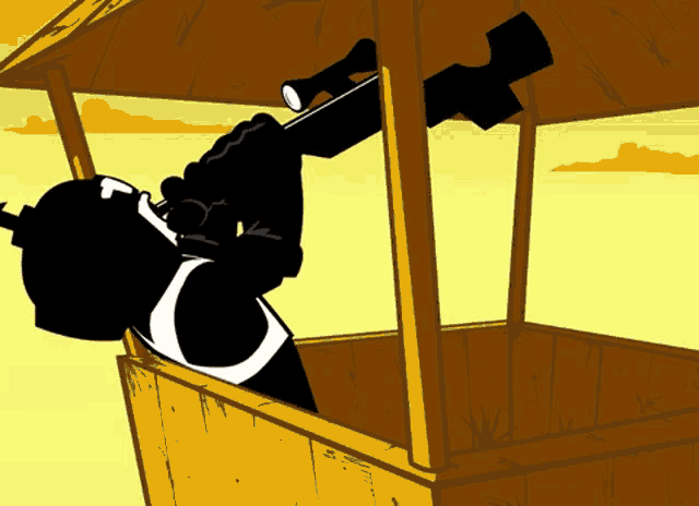 a cartoon of a man holding a gun in a wooden structure