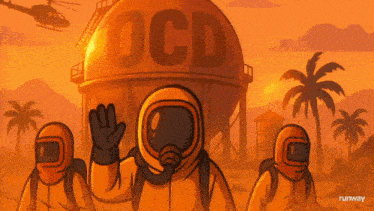 a cartoon of a man in a hazmat suit standing in front of a building that says ocd