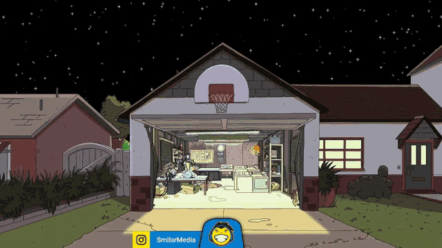 a cartoon drawing of a garage with a basketball hoop and smilarmedia on the bottom right