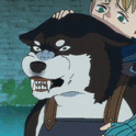 a person is riding a dog on their shoulders .