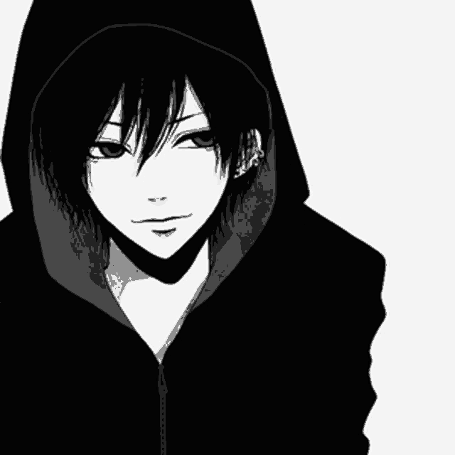 a black and white drawing of a person wearing a black hoodie