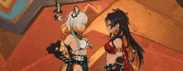 two anime characters are standing next to each other and one has a cat on her head