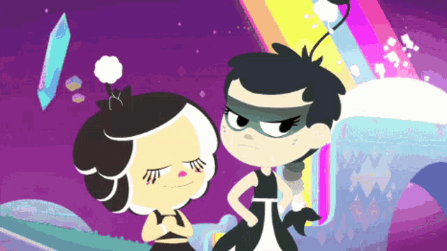 a couple of cartoon characters are standing next to each other