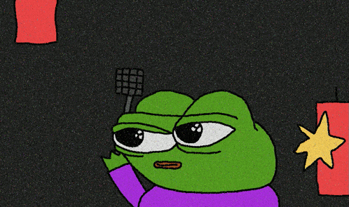 a green frog with a purple shirt is holding a microphone in his hand