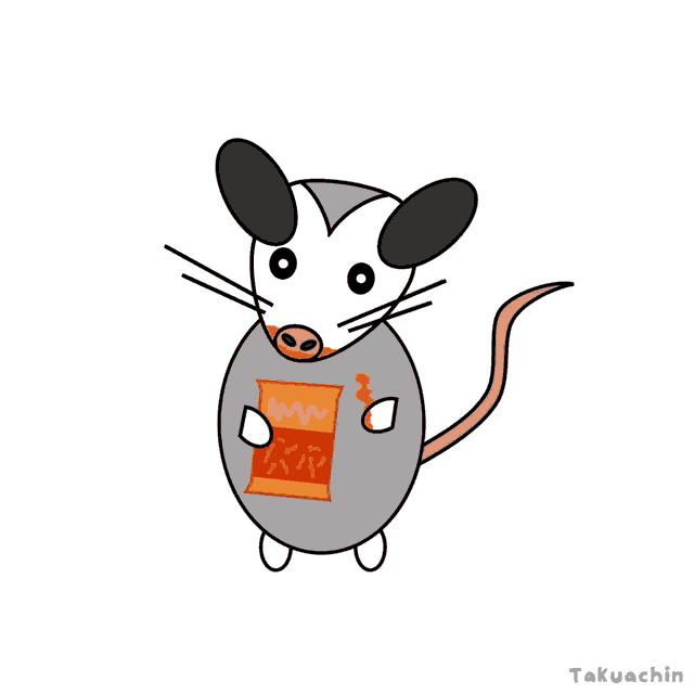 a cartoon drawing of an opossum holding a bag of nachos